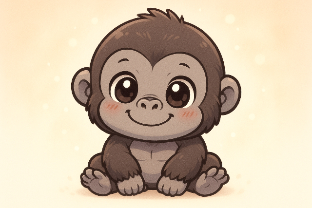 チビキャラ風で笑顔のかわいいゴリライラスト